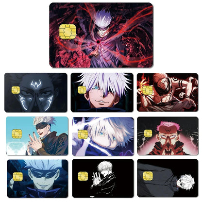 Ten matte PVC anime credit card skins featuring Jujutsu Kaisen characters in red, blue, and black.
