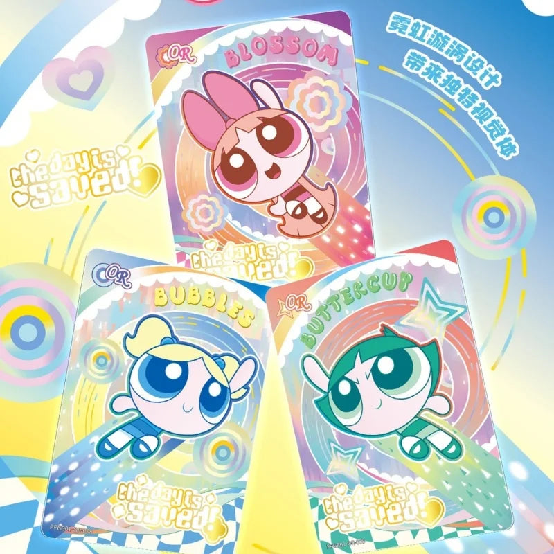 Three Powerpuff Girls collectible cards featuring Blossom, Bubbles, and Buttercup in pink, blue, and green on rainbow backgrounds.