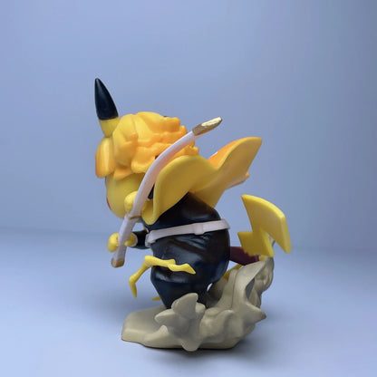 Yellow-and-black Pikachu figurine styled as Agatsuma Zenitsu, holding a sword over a dusty base.