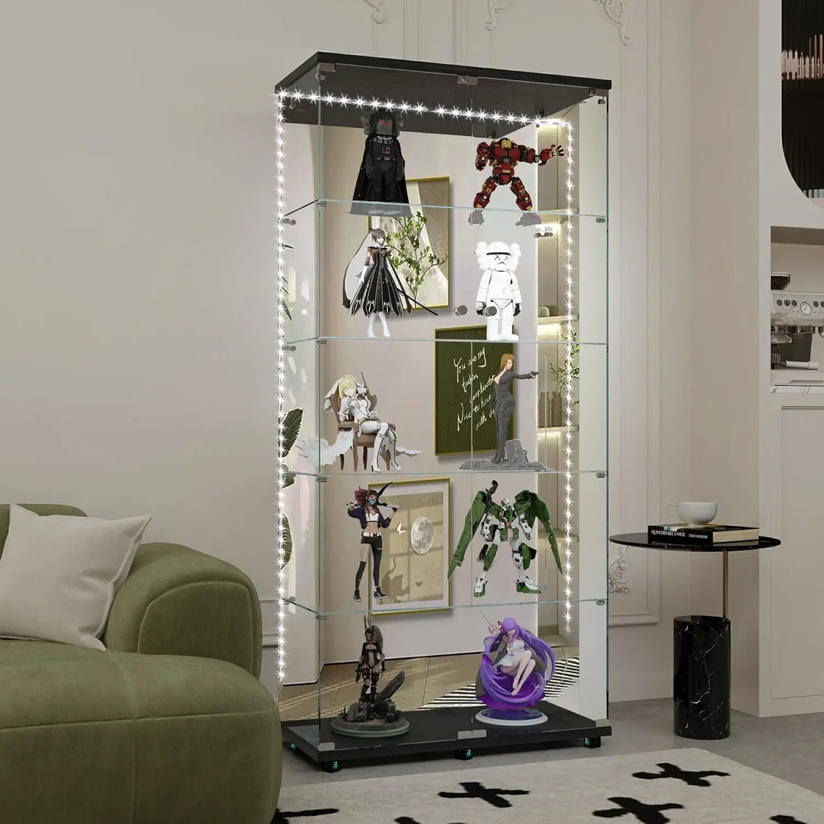 Black 5-tier glass display cabinet with LED lights illuminating action figures on shelves.