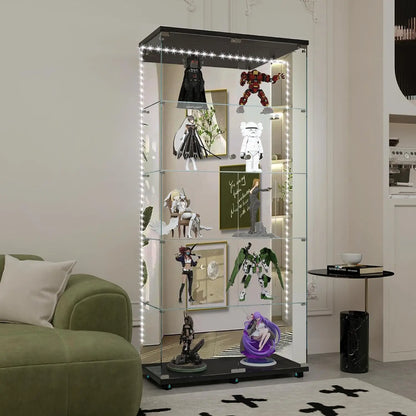 Black 5-tier glass display cabinet with LED lights illuminating action figures on shelves.