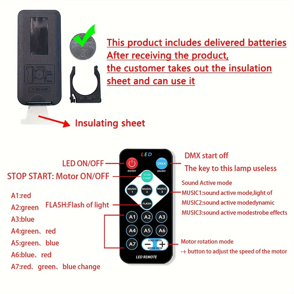 Black remote control with colorful buttons for LED lamp, showing battery compartment and instructions.