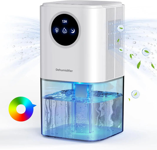 White portable dehumidifier with clear blue water tank, digital control panel, and glowing blue light.