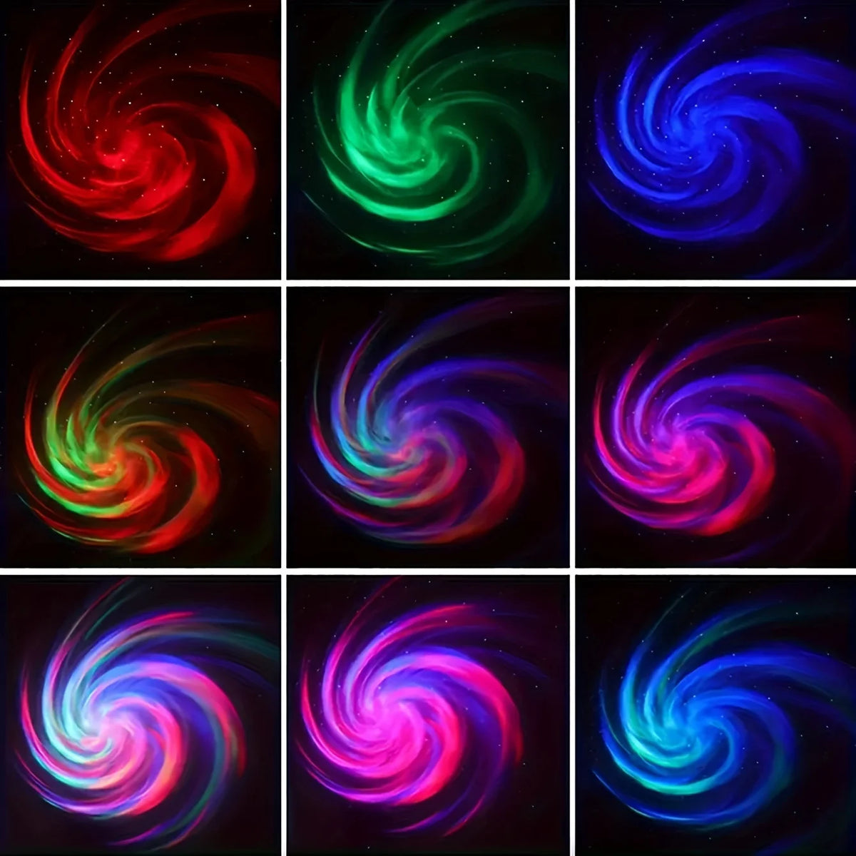 Nine swirling starry galaxy light projections in red, green, blue, and multi-color combinations.