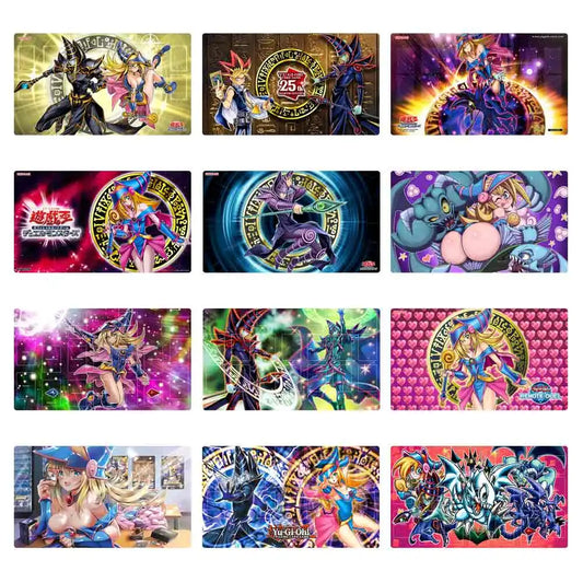 Twelve Yu-Gi-Oh playmats featuring Dark Magician and Dark Magician Girl with various colorful spell circles.