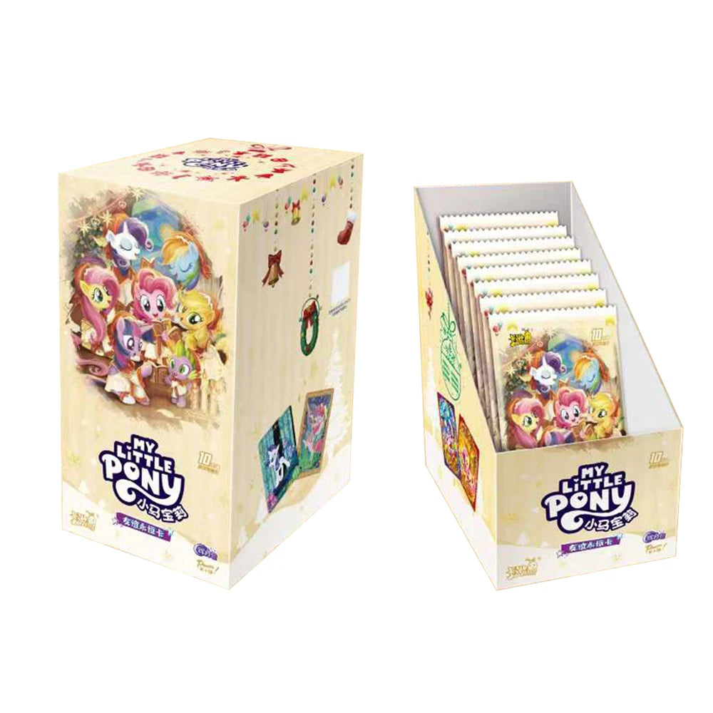 My Little Pony card booster box and open display box filled with foil card packs against a white background.
