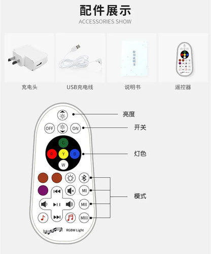 White wall charger, USB cable, instruction manual, and remote control, with an enlarged view of the white remote.