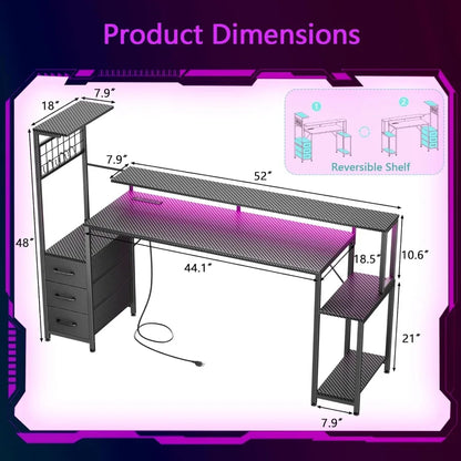 Gaming desk with carbon fiber texture, LED lights, fabric drawers, and shelves, shown with dimension measurements.