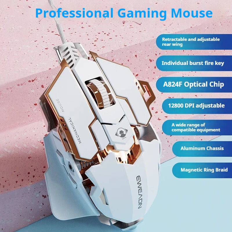 White and copper EWEADN G5 USB wired gaming mouse with mechanical details and labeled feature callouts.