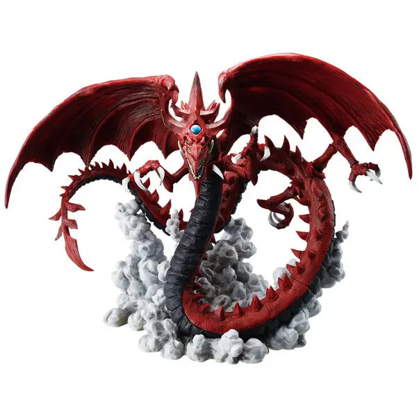 Red and black dragon figure with large wings and spiky tail emerging from gray clouds.