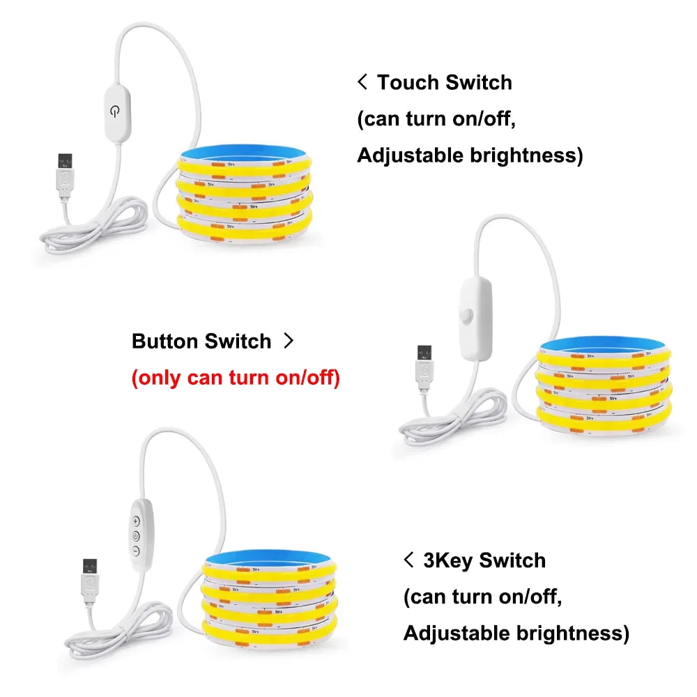 Three spools of yellow COB LED strip lights with USB cables and different white switches: touch, button, and 3-key.