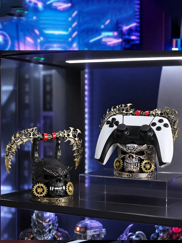 Steampunk skull controller holder with gears, holding a white and black game controller.