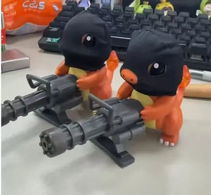 Two orange Charmander figurines wearing black ski masks, each holding a gray Gatling gun model.