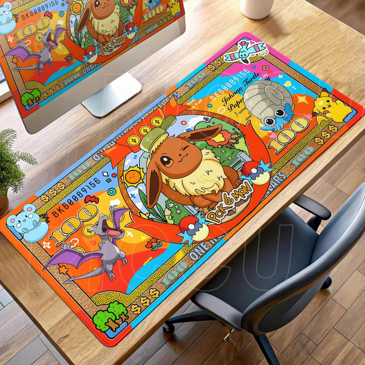 A colorful Pokémon desk mat features Eevee, Omanyte, Aerodactyl, and Pikachu on banknote-style designs.