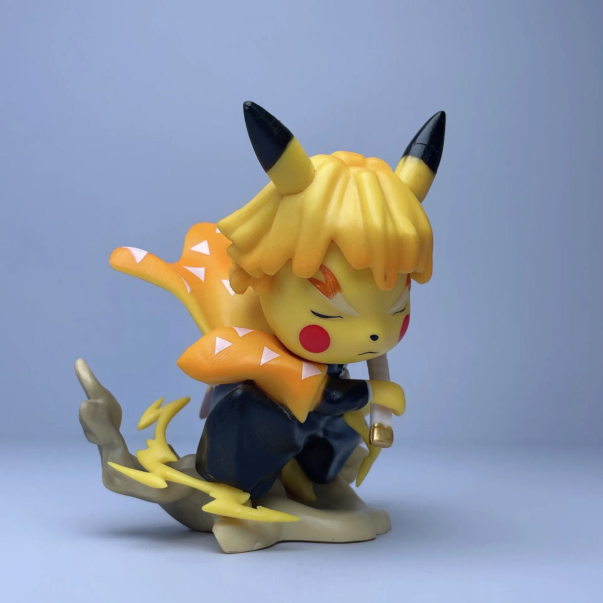 Pikachu styled like Agatsuma Zenitsu, wearing his orange and white patterned cloak, dark uniform, and yellow lightning accents.