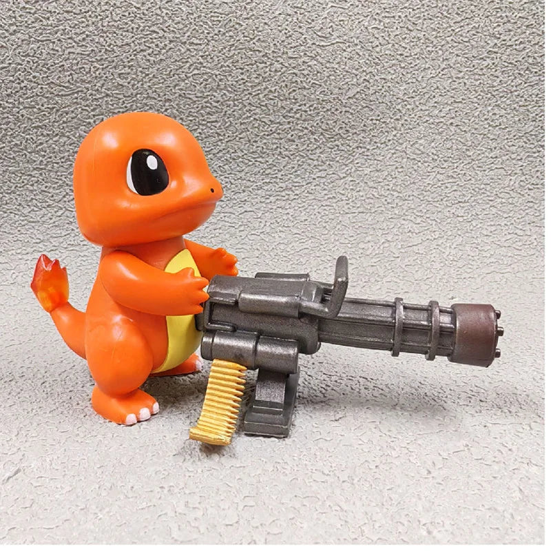 An orange Charmander figurine stands holding a large, grey Gatling gun with a yellow ammunition belt.