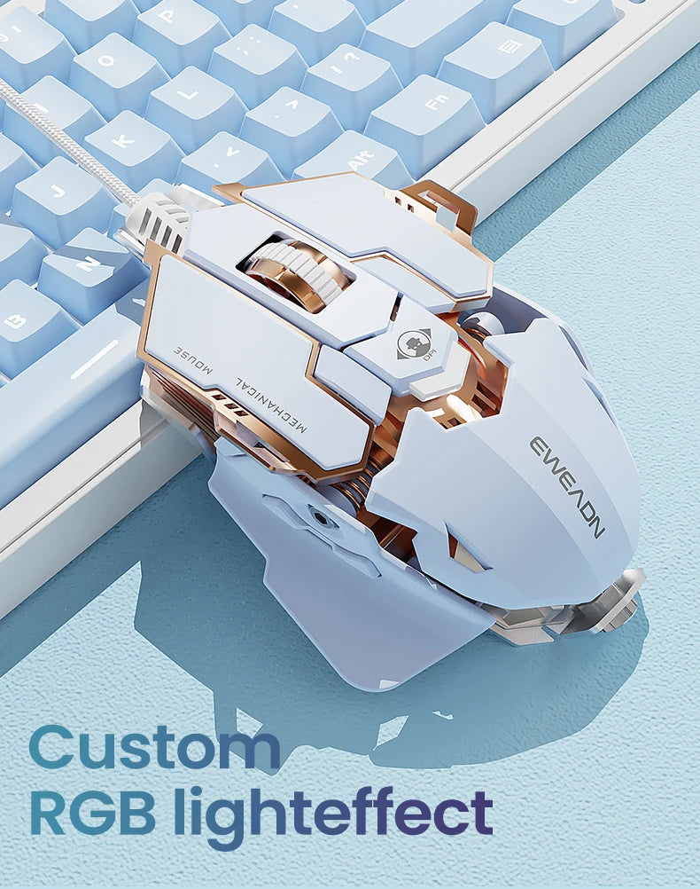 White and gold EWEADN wired gaming mouse with mechanical details and a matching blue keyboard.