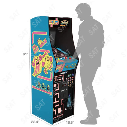 A blue and black Ms. Pac-Man arcade cabinet next to a silhouette of a person for scale.