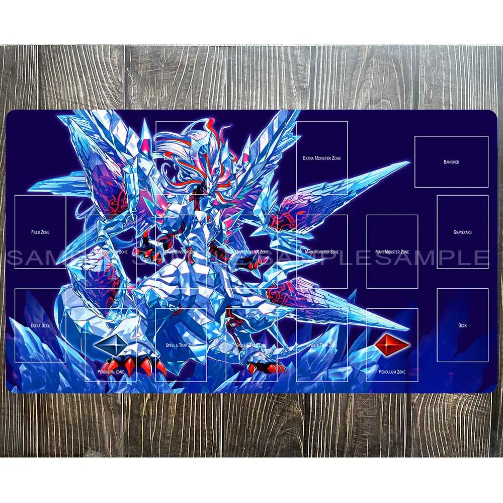 Yu-Gi-Oh playmat in blue featuring a white, crystal-armored monster with red details and marked card zones.