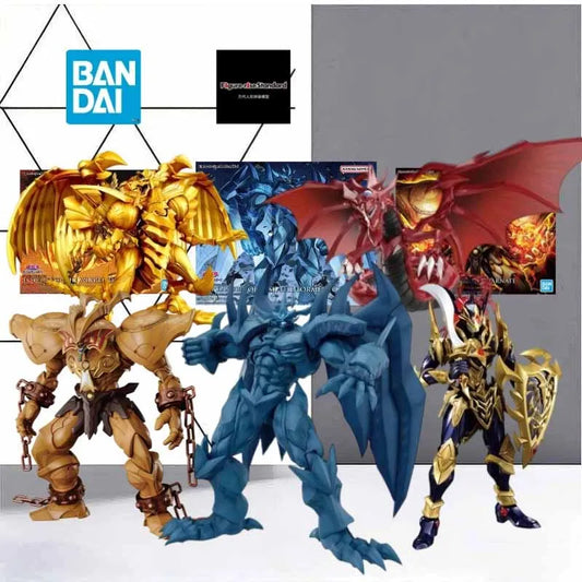Yu-Gi-Oh! model figures: gold, blue, and red dragons, plus humanoid and armored warrior figures.