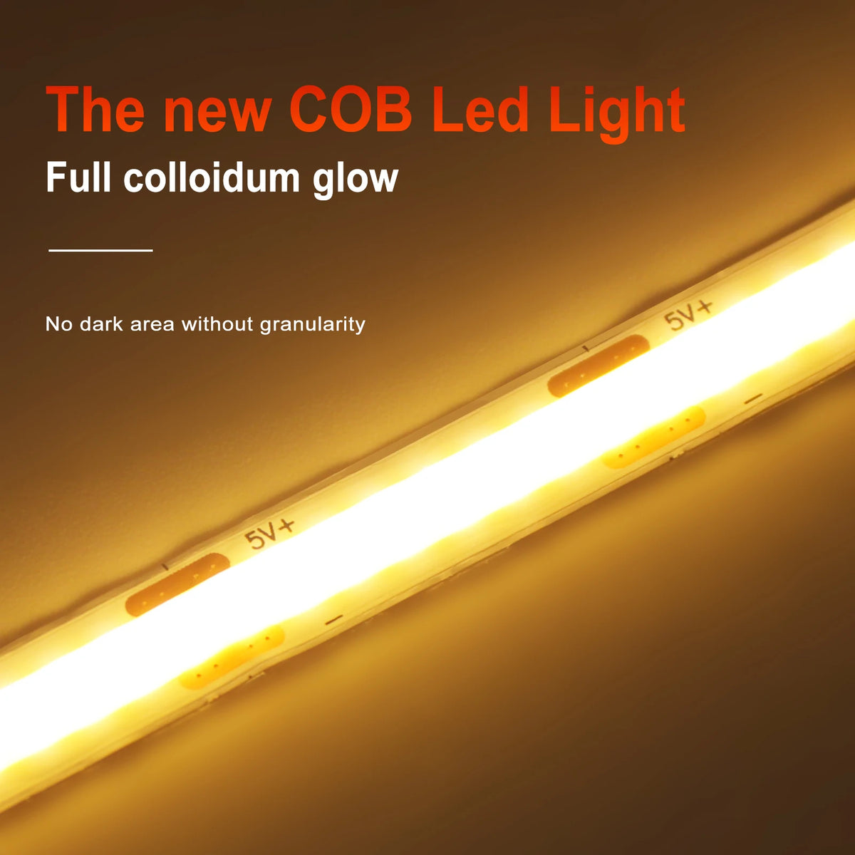 Flexible warm yellow COB LED strip light glowing brightly against a dark background.