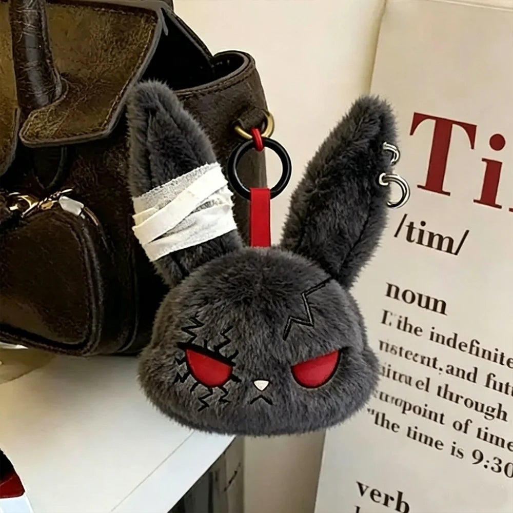 Gothic Bunny Plush Keychain Rabbit Bag Charm with Bandage Design Kawaii Key Ring Pendant Car Bag Ornament Gift