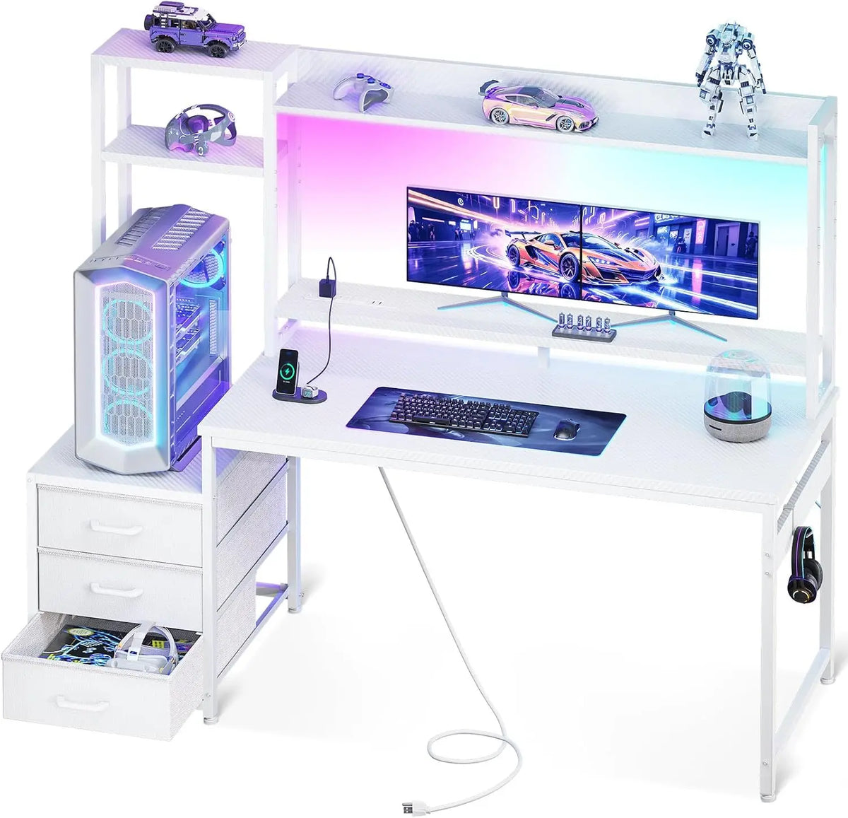 White gaming desk with a hutch, three fabric drawers, LED lighting, and a monitor displaying a sports car.
