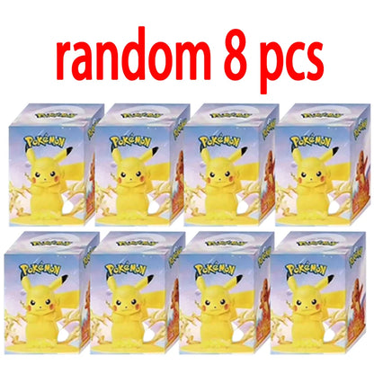 Eight identical Pokemon blind boxes featuring Pikachu, with blue sky and lightning graphics.