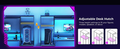 Adjustable black desk hutch showing three height settings for storage, with blue lighting.