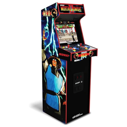 Mortal Kombat II arcade machine featuring Raiden side art, a lit marquee, screen display, and control deck.