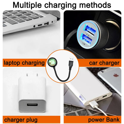 Collage showing a small black USB sunset lamp powered by a laptop, car charger, wall plug, and power bank.