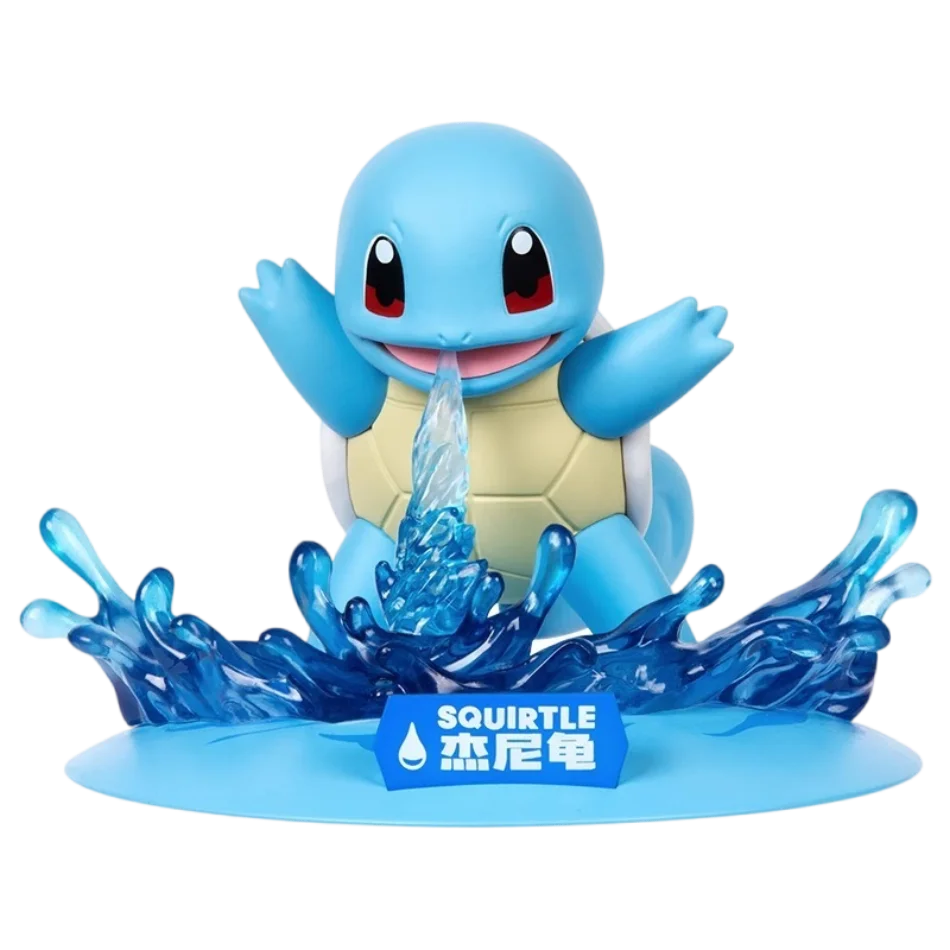 Squirtle action figure spraying water, with a blue base labeled SQUIRTLE.