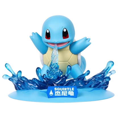Squirtle action figure spraying water, with a blue base labeled SQUIRTLE.