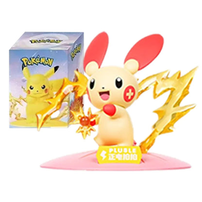 Plusle action figure on pink base with translucent lightning effects, and packaging box behind.