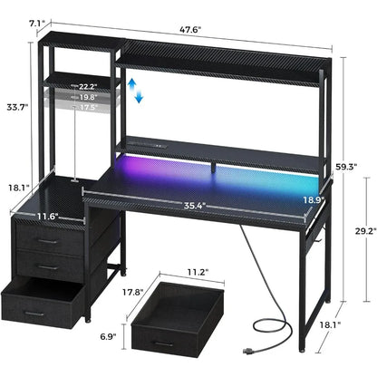 Black gaming desk with hutch, three fabric drawers, and purple-blue LED lighting, showing dimensions.