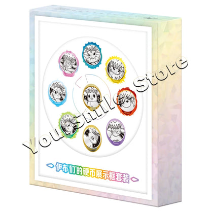 Colorful Pokemon Eevee character display box featuring round badges in a circular arrangement.