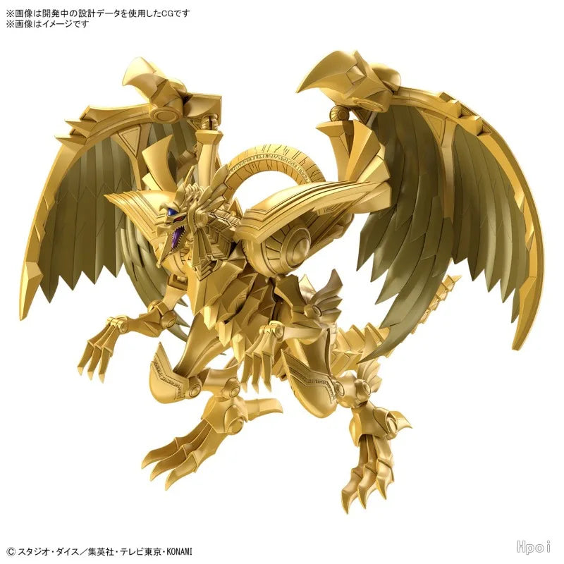 Gold articulated model kit of a robotic dragon with large feathered wings and a horned head.