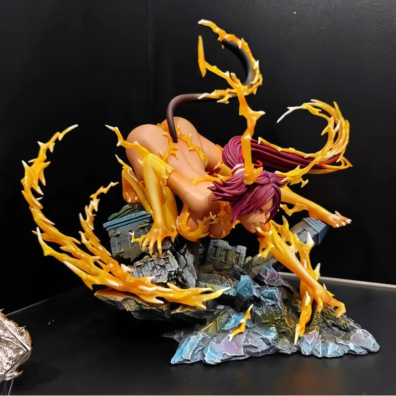 Anime figurine of Yoruichi Shihouin with purple hair, cat tail, and glowing yellow lightning effects on rubble.