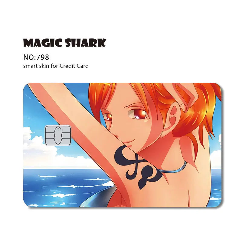 Anime card skin featuring an orange-haired woman with a black tattoo on her arm, against a blue sea and sky.