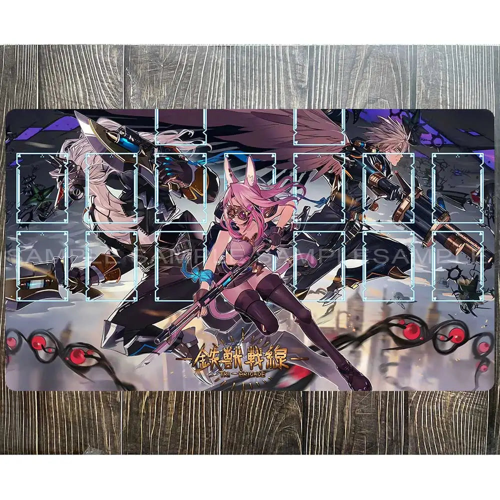 Yu-Gi-Oh! playmat featuring Tri-Brigade characters in black, purple, and brown, with blue card zone outlines.