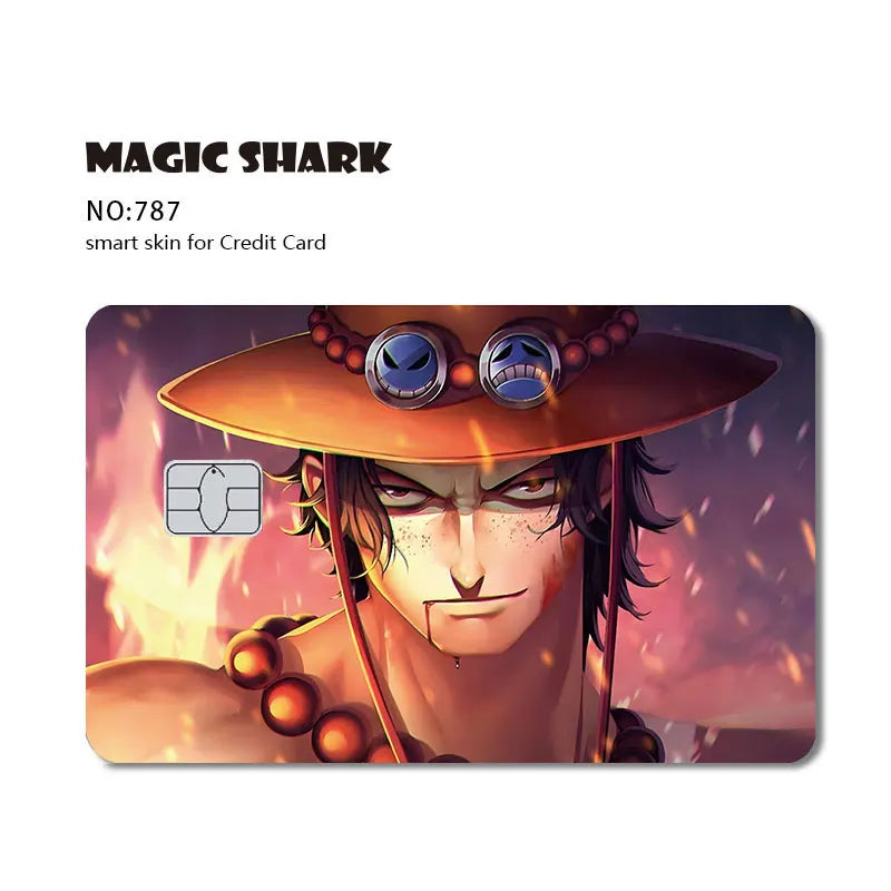 Matte credit card skin featuring an anime character wearing an orange hat and beads, with a fiery backdrop.