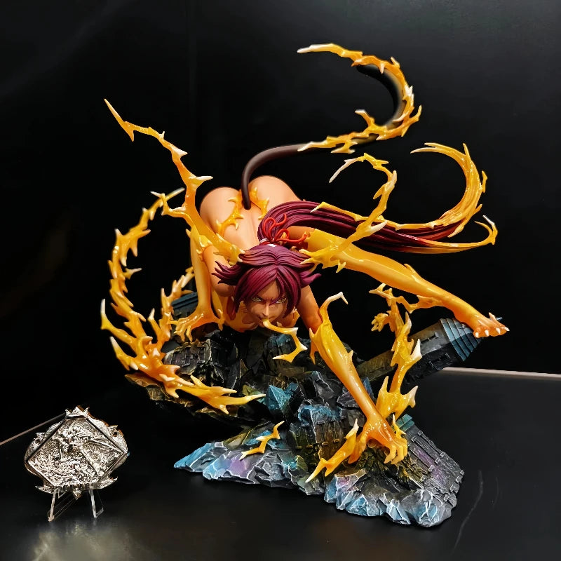 Yoruichi Shihouin figure with purple hair and cat tail crouches on rubble, surrounded by swirling yellow energy.