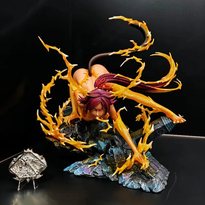 Yoruichi Shihouin figure with purple hair and cat tail crouches on rubble, surrounded by swirling yellow energy.