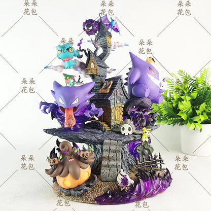 Gengar and other purple ghost-type Pokemon figures surround a haunted house on a rocky platform.