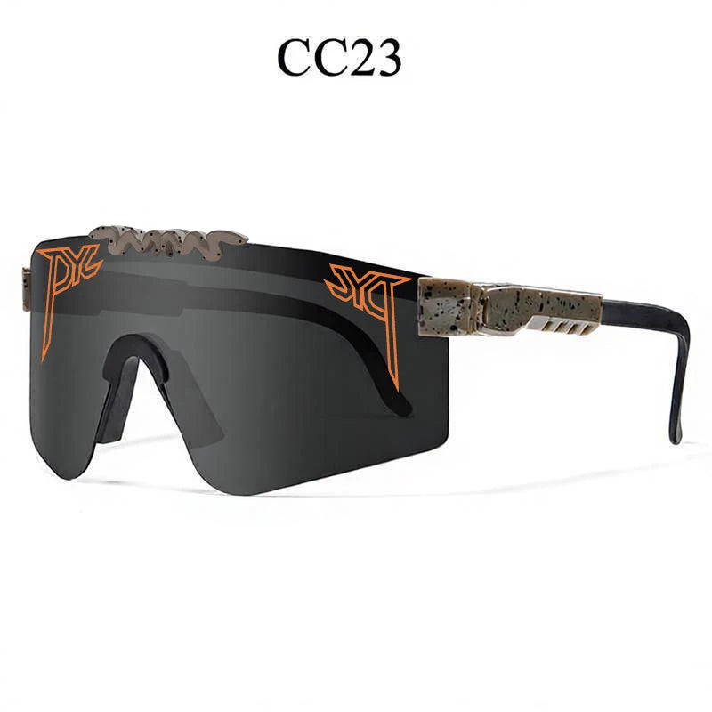 Dark, wraparound sport sunglasses with a snake graphic on the top brow and orange logos on the lenses.