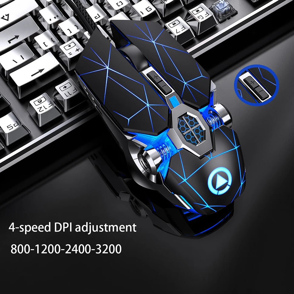 Black ergonomic gaming mouse with blue glowing geometric lines and mechanical details next to a keyboard.