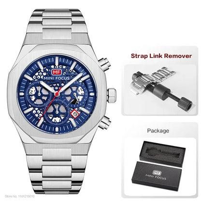 MINI FOCUS Motley Chronograph Quartz Watches Men Stainless Steel Business Sport Wristwatch with Luminous Hands Auto Date 0411