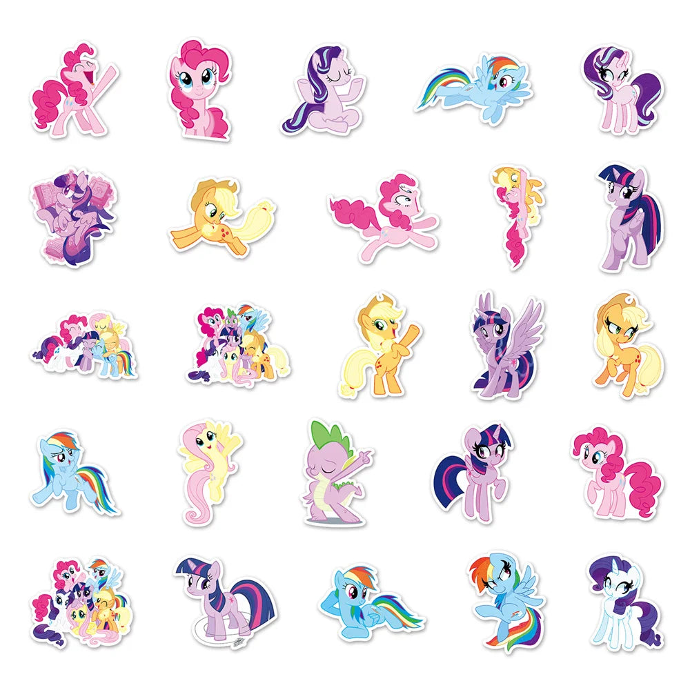 My Little Pony stickers in pink, blue, yellow, and purple on a white background.