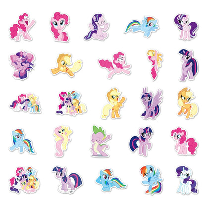 My Little Pony stickers in pink, blue, yellow, and purple on a white background.