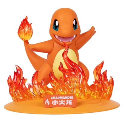 A Charmander figure with a burning tail stands amidst translucent orange flames on a yellow base, holding a "Charmander" nameplate.